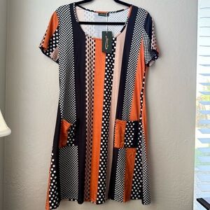 Ofeefan Cute Polka Dot Stripe Dress with Pockets | MEDIUM | NWT
